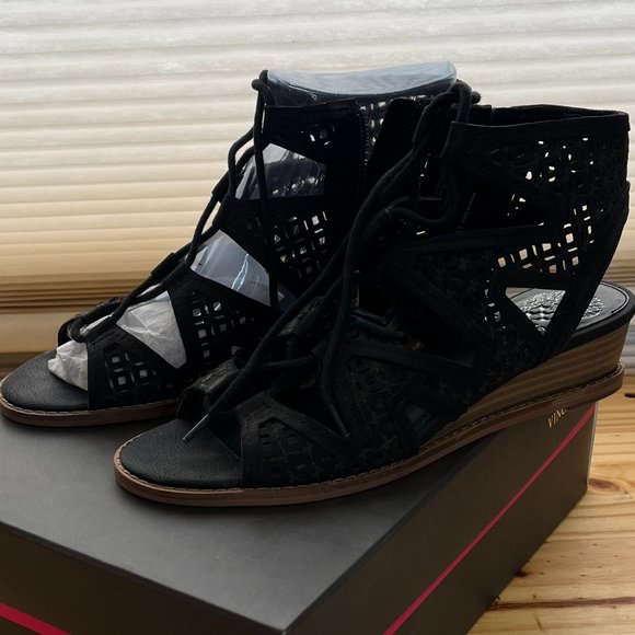Vince Camuto Leather Lace-Up Demi-Wedge Sandals Rollera Black - sz 6.5 - Picture 1 of 4